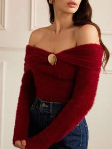 Chiquease Elegant Off Shoulder Knitted Sweater, Autumn/Winter - Burgundy - View 6