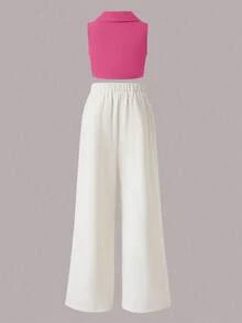 Tween Girl Button Front Vest Blazer & Wide Leg Pants - Multicolor - View 2