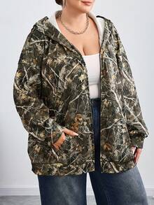 SHEIN CURVE+ 女士加大码秋冬情侣装/基础款/户外迷彩内衬拉链绿色宽松长袖运动衫，长袖上衣秋冬 - 彩色 - 查看 5