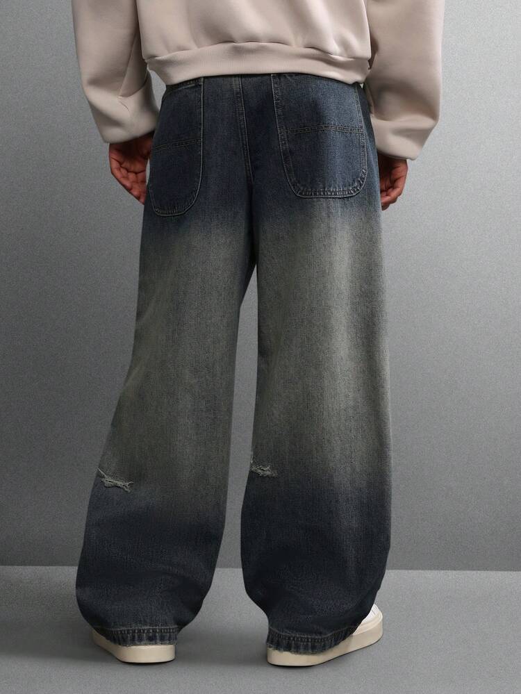 Wide Leg Baggy Denim Jeans With Distressed Details