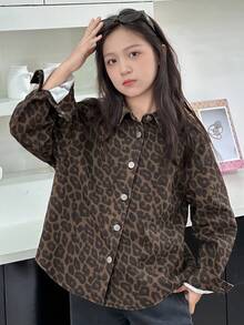 Dazy Kids Tween 女童豹纹牛仔翻领长袖夹克和外套，秋冬