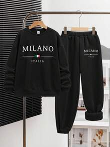 SHEIN 2 件套 MILANO 青少年男孩休闲简约长袖运动衫和裤子套装，适合秋季 - 黑色 - 查看 2