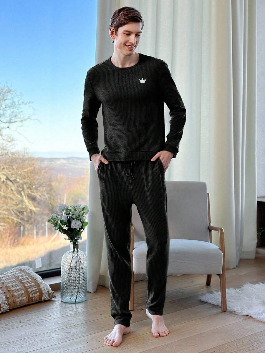 EURMUSE Cotton Men'S Ribbed Knit Homewear Set - Black - View 1