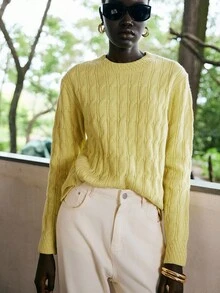 Lumivelle Women's Yellow Crew Neck Cable Knit Pullover Sweater - Yellow - View 6
