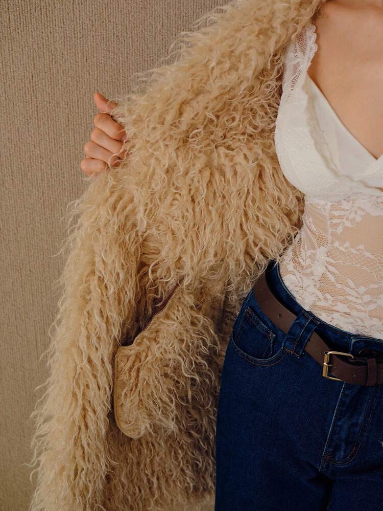 ELEGANT FAUX SUEDE LONG FUR COLLAR & CUFF MID-LENGTH COAT, AUTUMN/WINTER