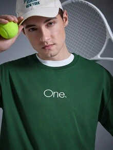 DRIFTMERE Men Letter Embroidery Tee For Summer Spring To Summer, Men Comfort And Soft Sports T-Shirts, Athleisure Style, Sporty Fashion - Dark Green - View 3