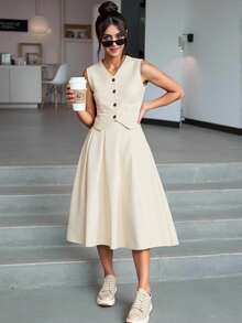 SHEIN 2pcs/Set Teen Girls Solid Color Single-Breasted Vest And Pleated Midi Skirt Elegant 2 Pieces Set