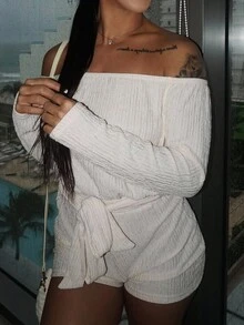 SAYEHFBABY Nuevo mono de punto de mujer de talle alto, de manga larga con hombro descubierto, de corte holgado en la Top y ajustado en la Bottom, con tirantes en la cintura y rayas verticales naranjas, para primavera y verano