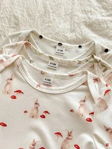 Vintaside Kids 3 Potong Set Bodysuit Bayi Perempuan, Gaya Pedesaan Modis Serbaguna Cocok untuk Semua, Bodysuit Lengan Panjang Motif Kelinci & Jamur Lucu, Cocok untuk Musim Semi, Musim Gugur & Musim Dingin - MultiWarna - View 4