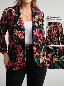 Comfylo 秋冬大码女式花卉印花荷叶边袖休闲西装外套 - 彩色 - 查看 1