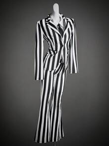SHEIN ICON Women's Halloween Goth Style Black & White Striped Fitted Blazer Jacket And Flared Pants Suit, Autumn/Winter,Fall Tall Two Pieces Set Striped Two Pieces Set 2 Pieces Pant Sets Woman Black And White - Black and White - View 10