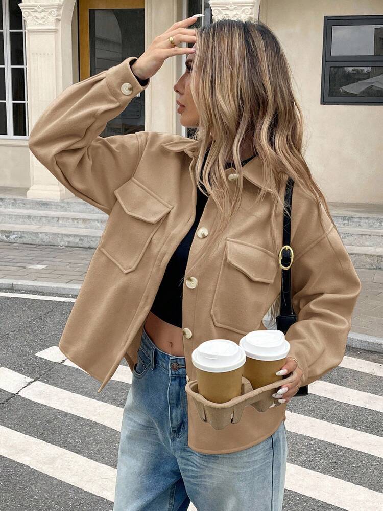 Flap Pocket High Low Hem Overcoat In Fall/Winter Brown