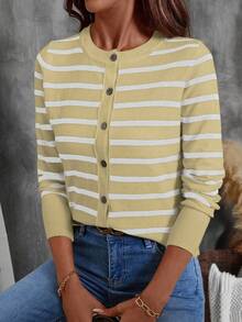 EMERY ROSE Áo khoác cardigan dệt kim mỏng đơn hàng ngày, tay dài, họa tiết sọc dành cho nữ, mùa thu - Nhiều màu - Xem 3