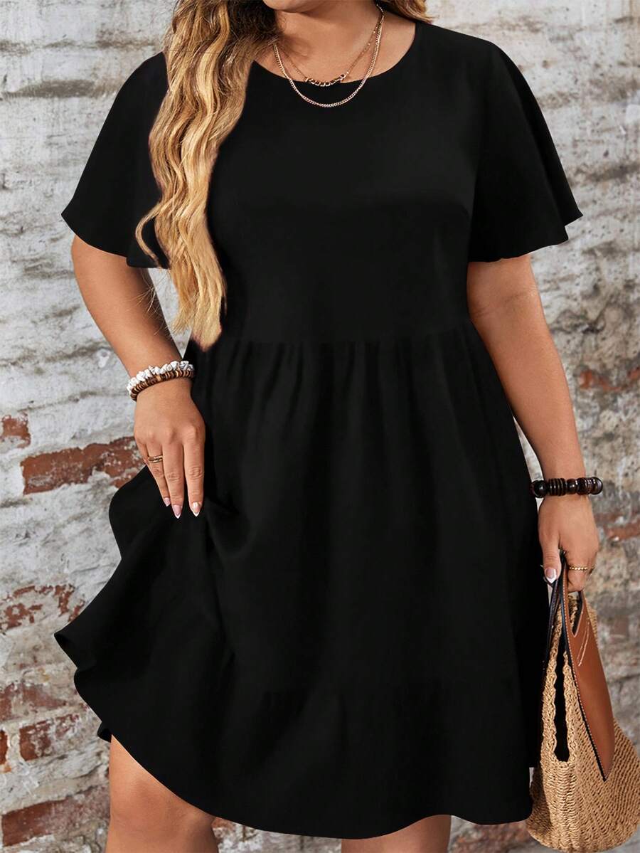 EMERY ROSE Music Festival Casual Minimalist Vacation Loose Fit Round Neck Short Sleeve Plus Size Dress, Suitable For Spring/Summer Chic Dress - Multicolor - View 1