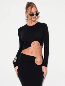 KIZN Top à manches longues en tricot côtelé avec détails de découpe en anneau métallique