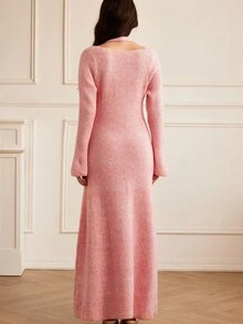 Aveloria Rosie V-Neck Knitted Dress, Fitted Waist Floral Print Dress, Women Sweater Dress - Pink - View 6