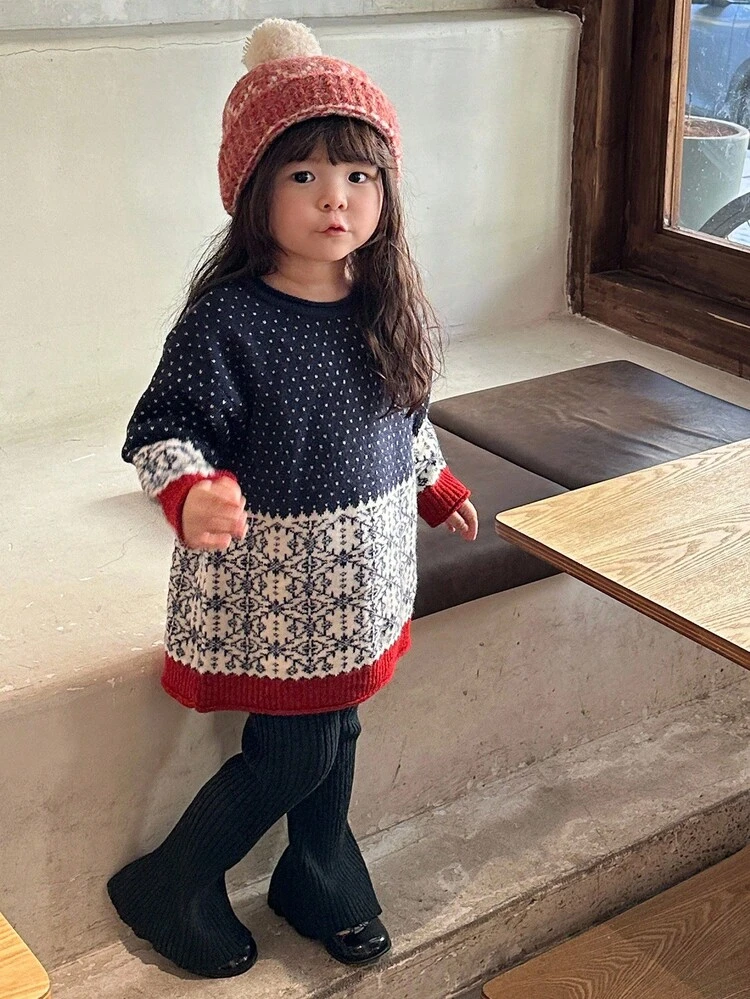 Baby Girl Colorblock Long Sleeve Casual Sweater, Autumn/Winter Toddler Girls Clothes
