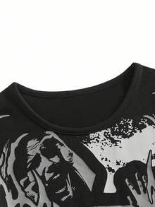 Y2Kool Aak 女士黑色肖像哥特式荆棘印花紧身长袖上衣，哥特风露脐上衣，冬季时尚新年装 - 黑色 - 查看 3