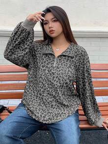 Dazy Plus Áo nỉ chui đầu rộng rãi in họa tiết da báo có khóa kéo cỡ lớn dành cho nữ, phong cách đường phố Thu/Đông - Xám - Xem 6