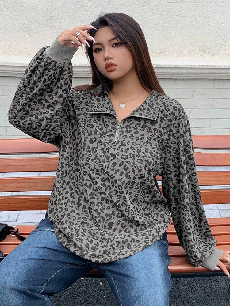 Dazy Plus Plus Size Women Zip-Up Leopard Print Loose Fit Pullover Sweatshirt, Street Style Fall/Winter
