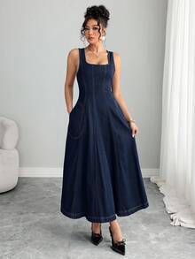 Elenzga 时尚水洗长款牛仔连衣裙 - 深色水洗藍 - 查看 5