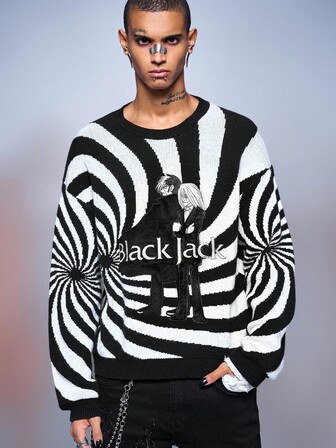 Black Jack X ROMWE Pull ample à manches longues avec figure brodée pour hommes, style automne-hiver, style grunge