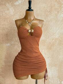 Soleia Women's Holiday Strapless Shell Twist Knot Drawstring Slit Mini Dress, Suitable For Holiday Party, Christmas, Date, Beach, Cruise, Afternoon Tea, Bohemian, Boho, Romantic Floral, Vacation - Brown - View 6