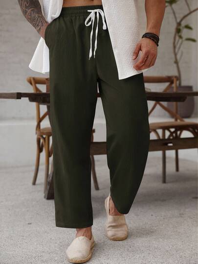 ResortEase Plus Size Men's Casual Versatile Solid Color Drawstring Waist Linen Pants, Fall