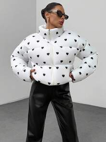 EURMUSE Heart Print Stand Collar Casual Jacket, Winter - White - View 6