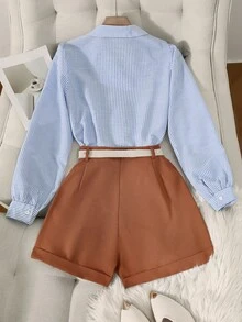 SHEIN LUNE 女士休闲通勤条纹花卉刺绣泡泡袖衬衫和短裤两件套 - 彩色 - 查看 2