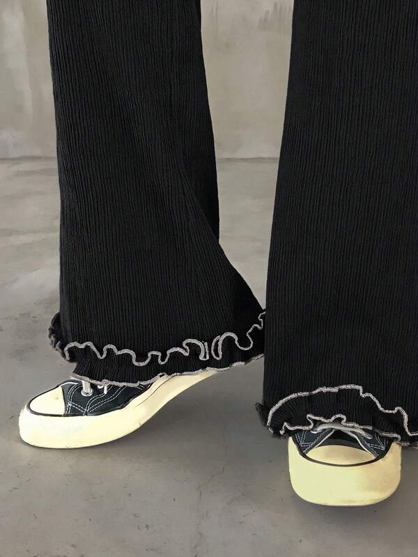 FRIFUL 女士松紧腰抽绳撞色缝线装饰直筒宽松休闲裤，百搭度假