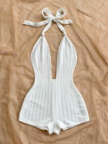 Soleia Women's Vacation White Knit Fairy Crinkle Texture Deep V Neck Tie Front Bodysuit, Slim Fit, Suitable For Party, Christmas, Date, Nightclub, Bohemian, Boho, Vacation, Fall