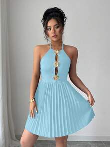 Selianne Elegant Gold Pleated Backless Halter Mini Dress - Baby Blue - View 6