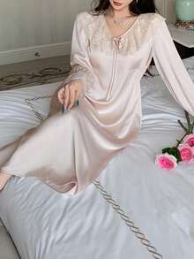 DAZY 迷人缎面蕾丝边收腰长款女士睡裙，秋季睡衣，冬季