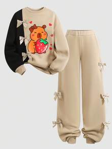 SHEIN Tween 女童宽松休闲简约舒适圆领拼接撞色连帽衫和慢跑裤套装 - 卡其色 - 查看 10