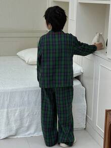 DAZY 青少年男孩格子翻领长袖单排扣上衣和裤子睡衣套装秋冬 - 墨綠色 - 查看 6
