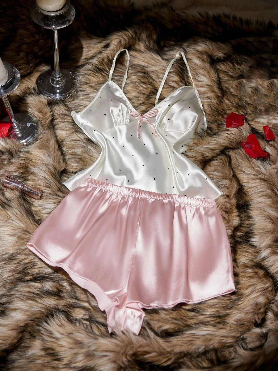 SilkySpell Satin-Like Cute Polka Dot Print Camisole & Shorts Women Pajama Set Satin Sleepwear Set Satin Pj Set Satin Lingerie Set Lingerie Sleep Set