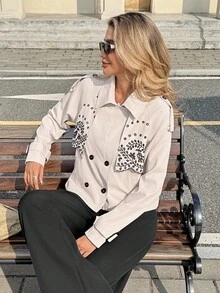 SHEIN Frenchy Women's Black Autumn Elegant Fluffy Office Short Trench Coat,Plant Embroidery Notched Lapel Double-Breasted Long Raglan Sleeve Casual Business Coat - Multicolor - View 1
