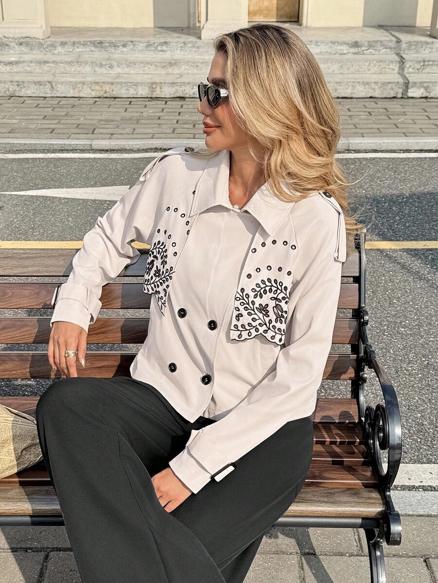 SHEIN Frenchy Women's Black Autumn Elegant Fluffy Office Short Trench Coat,Plant Embroidery Notched Lapel Double-Breasted Long Raglan Sleeve Casual Business Coat - Multicolor - View 1