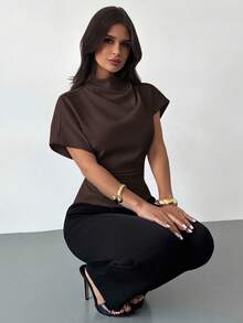 Firerie Crinkle Collar Asymmetrical Sleeve Side Ruched Cinched Waist Commuter Apricot Bamboo Linen Fabric Women Shirt, All Season