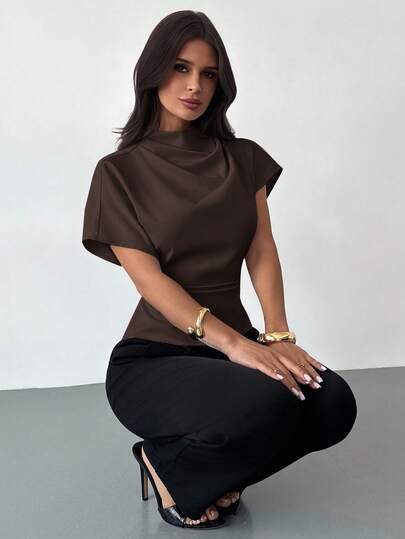 Firerie Crinkle Collar Asymmetrical Sleeve Side Ruched Cinched Waist Commuter Apricot Bamboo Linen Fabric Women Shirt, All Season