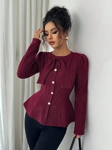 Elenzga Blusa francesa elegante com laço, cintura marcada e manga comprida, ideal para viagens, uso diário e festas no outono/inverno - Borgonha - Ver 3
