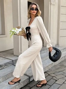 SHEIN Frenchy Bộ đồ liền thân ống rộng thắt nút bèo nhún phía trước màu tương phản dành cho nữ - Màu be - Xem 4