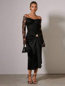 COSMINA Women's Contrast Lace Off Shoulder Long Sleeve Metallic Floral Decor Elegant Mid-Length Dress - Black - View 1