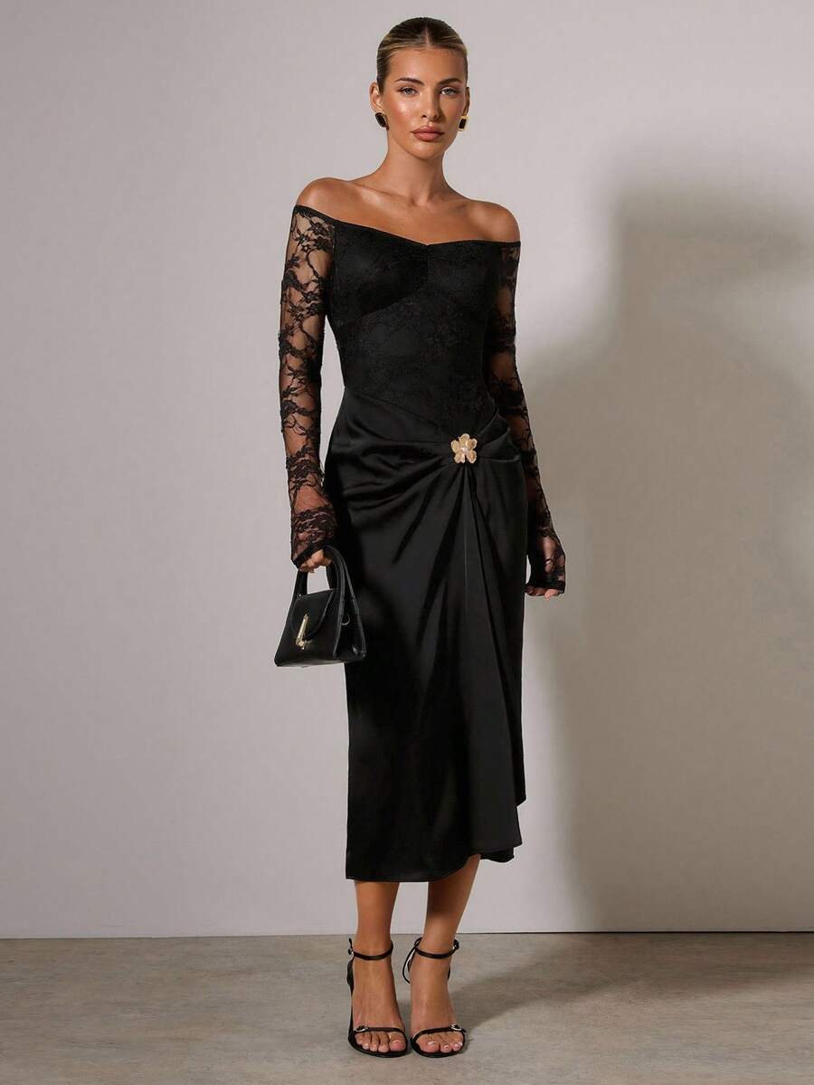 COSMINA Women's Contrast Lace Off Shoulder Long Sleeve Metallic Floral Decor Elegant Mid-Length Dress - Black - View 1