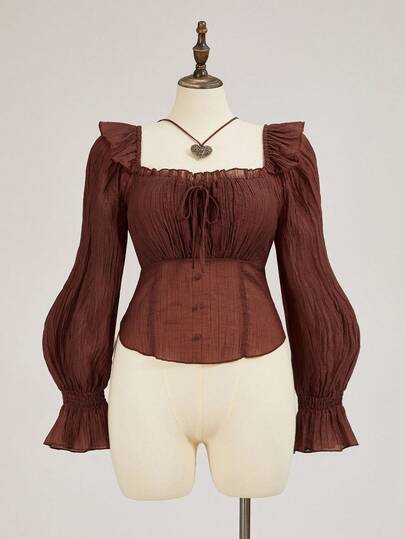 EDITION Plus Size Medieval Vintage Mori Style Square Collar Ruffle Hem Puff Sleeve Blouse, Suitable For Outerwear Or Layering