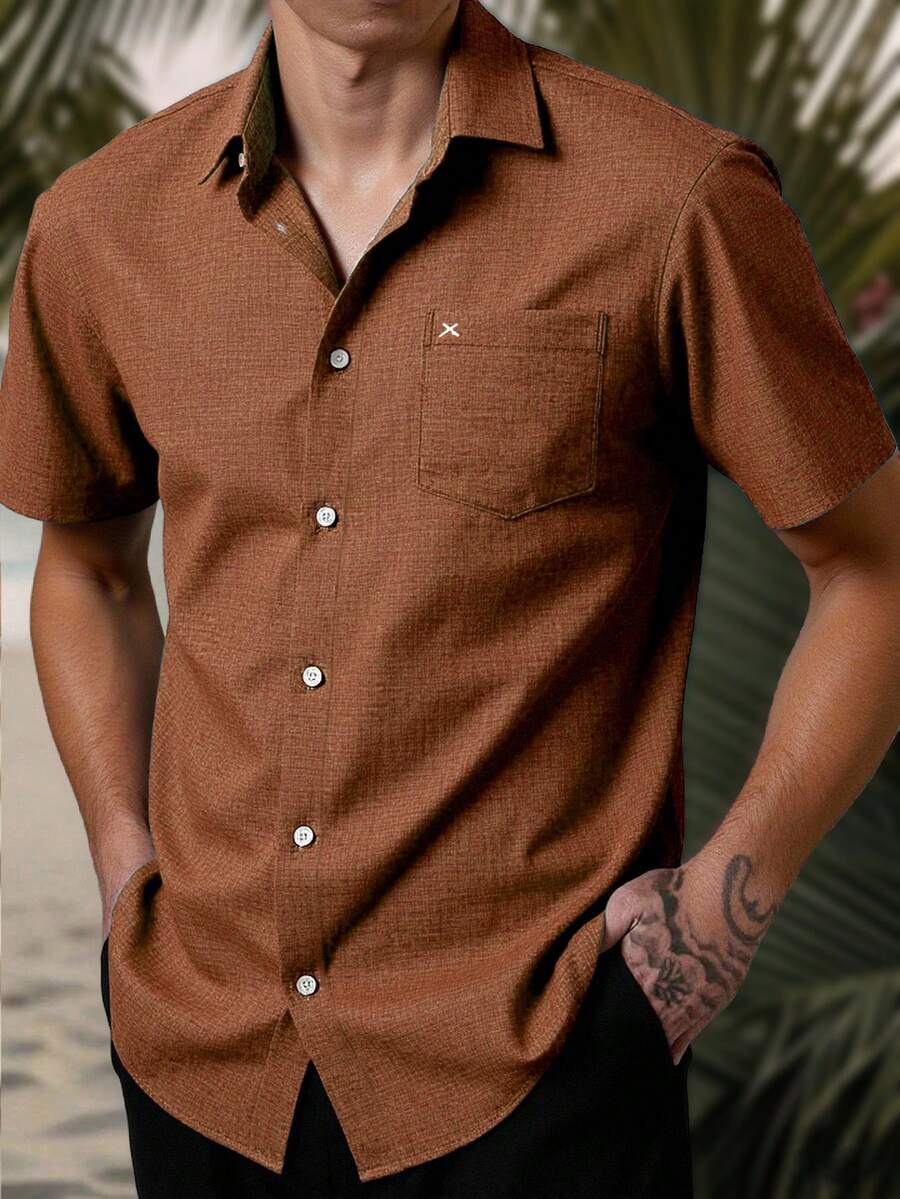 Manfinity Homme 男士休闲简约百搭日常短袖衬衫，夏季棕色衬衫男士带口袋衬衫男士棕色衬衫铁锈色男士衬衫男士短袖衬衫 - 咖啡棕 - 查看 1