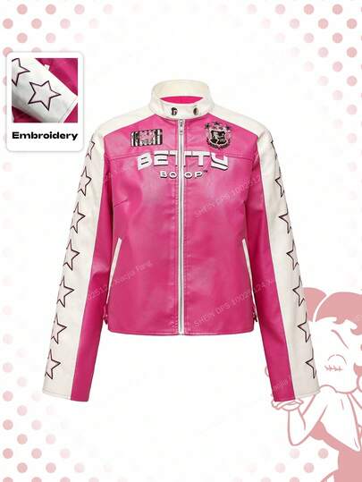 Betty Boop | ROMWE Y2K Cartoon Figure Graphic Embroidered Sweet & Cool Motorcycle Biker Chic PU Patchwork Racing Jacket For Women