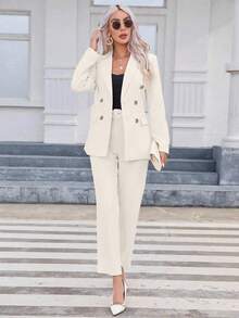 EURMUSE Bộ quần dài tay và áo blazer tối giản mặc hàng ngày cho nữ - trắng - Xem 5
