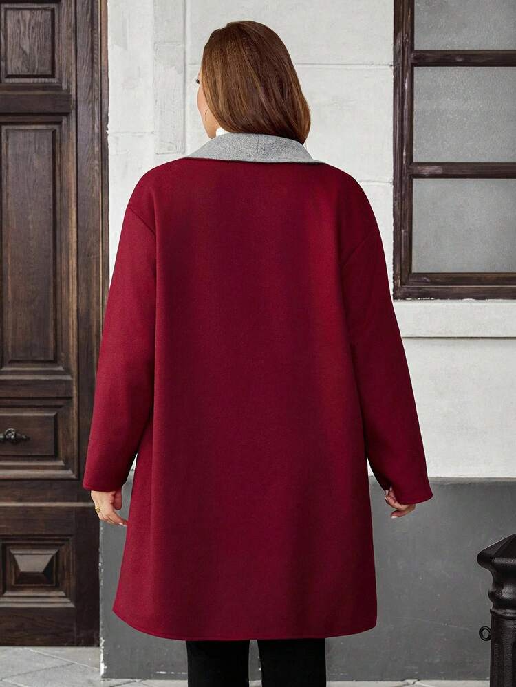 Plus Size Women's Contrast Color Lapel Long Sleeve Open Front Loose Casual Jacket, Autumn/Winter Winter Clothes For Women Fall Clothes For Women New Year Clothes